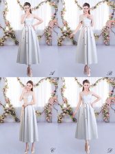 Custom Made Silver Sleeveless Appliques Tea Length Dama Dress for Quinceanera