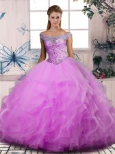 Inexpensive Floor Length Lilac 15 Quinceanera Dress Off The Shoulder Sleeveless Lace Up