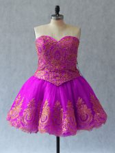 Charming Mini Length Lace Up Homecoming Dress Fuchsia for Prom and Party with Appliques and Embroidery