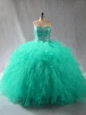 Luxurious Turquoise Lace Up Quinceanera Dress Beading and Ruffles Sleeveless Floor Length