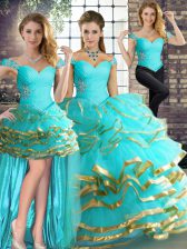Smart Three Pieces Sweet 16 Dresses Aqua Blue Off The Shoulder Tulle Sleeveless Floor Length Lace Up