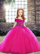 Fantastic Fuchsia Straps Lace Up Beading High School Pageant Dress Brush Train Sleeveless