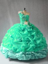 Romantic Turquoise Ball Gowns Organza One Shoulder Sleeveless Pick Ups and Hand Made Flower Floor Length Lace Up Quinceanera Gowns