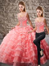 Chic Watermelon Red Lace Up Straps Beading and Ruffled Layers Ball Gown Prom Dress Organza Sleeveless Court Train