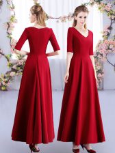  Wine Red Empire Ruching Dama Dress for Quinceanera Zipper Satin Half Sleeves Ankle Length
