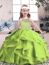 Customized Sleeveless Tulle Floor Length Zipper Little Girl Pageant Gowns in with Beading and Ruffles