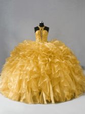 Edgy Gold Ball Gowns High-neck Sleeveless Organza Floor Length Zipper Beading and Ruffles Quinceanera Gown