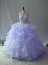 Fantastic Organza Halter Top Sleeveless Backless Beading and Ruffles Quinceanera Gowns in Lavender