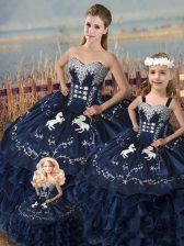  Satin and Organza Sweetheart Sleeveless Lace Up Embroidery and Ruffles Vestidos de Quinceanera in Navy Blue