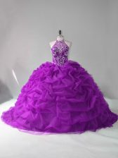 Luxurious Purple Sleeveless Organza Court Train Lace Up Quinceanera Dress for Sweet 16 and Quinceanera