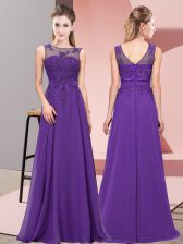 Attractive Purple Empire Scoop Sleeveless Chiffon Floor Length Zipper Beading and Appliques Quinceanera Court of Honor Dress