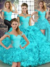 Gorgeous Floor Length Aqua Blue Quince Ball Gowns Organza Sleeveless Beading and Ruffles