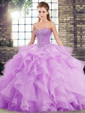 Fantastic Sleeveless Brush Train Beading and Ruffles Lace Up Sweet 16 Dress