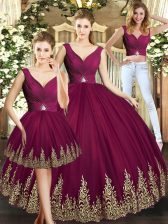  Burgundy Backless V-neck Beading and Appliques Sweet 16 Dress Tulle Sleeveless