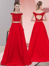  Red Backless Homecoming Dress Beading Sleeveless Sweep Train