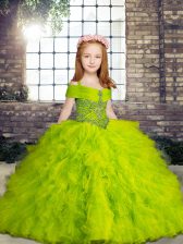 Perfect Ball Gowns Straps Sleeveless Tulle Floor Length Lace Up Beading and Ruffles Child Pageant Dress