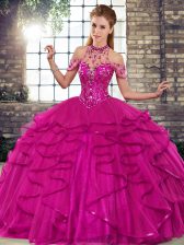 Unique Fuchsia Ball Gowns Tulle Halter Top Sleeveless Beading and Ruffles Floor Length Lace Up 15 Quinceanera Dress
