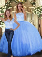  Scoop Sleeveless Clasp Handle Quinceanera Dresses Blue Tulle