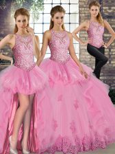 Adorable Rose Pink Tulle Lace Up Quinceanera Gown Sleeveless Floor Length Lace and Embroidery and Ruffles