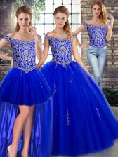 Excellent Off The Shoulder Sleeveless Sweet 16 Dresses Floor Length Beading Royal Blue Tulle