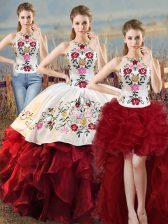 Dazzling Floor Length Lace Up Quinceanera Dresses White And Red for Sweet 16 and Quinceanera with Embroidery and Ruffles