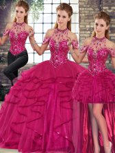 High Quality Tulle Sleeveless Floor Length Quinceanera Gown and Beading and Ruffles