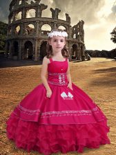  Straps Sleeveless Satin and Organza Kids Pageant Dress Embroidery and Ruffled Layers Zipper