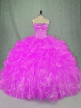  Strapless Sleeveless Vestidos de Quinceanera Floor Length Beading and Ruffles Lilac Organza