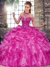 Sumptuous Sleeveless Floor Length Beading and Ruffles Lace Up Quinceanera Dress with Fuchsia