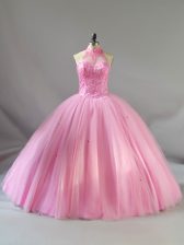  Baby Pink Sleeveless Floor Length Beading Lace Up Ball Gown Prom Dress