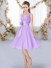  Lavender Chiffon Lace Up V-neck Sleeveless Knee Length Vestidos de Damas Hand Made Flower