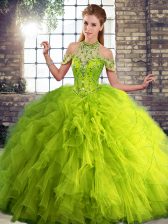  Beading and Ruffles Quinceanera Dress Olive Green Lace Up Sleeveless Floor Length