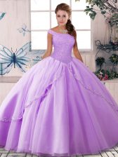  Off The Shoulder Sleeveless Quinceanera Gown Brush Train Beading Lavender Tulle