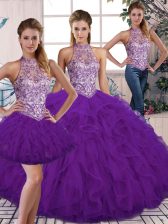 Vintage Purple Quinceanera Dress Military Ball and Sweet 16 and Quinceanera with Beading and Ruffles Halter Top Sleeveless Lace Up