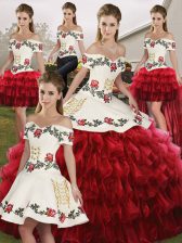 Colorful Floor Length Wine Red Sweet 16 Dress Organza Sleeveless Embroidery and Ruffled Layers