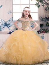  Peach Lace Up Off The Shoulder Beading Little Girls Pageant Dress Wholesale Tulle Sleeveless