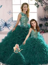  Sleeveless Organza Floor Length Lace Up Sweet 16 Dresses in Peacock Green with Beading and Ruffles