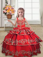  Sleeveless Floor Length Embroidery and Ruffled Layers Lace Up Little Girls Pageant Dress with Red