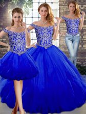 On Sale Floor Length Lace Up Quince Ball Gowns Royal Blue for Military Ball and Sweet 16 and Quinceanera with Beading and Ruffles