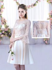 Extravagant Champagne A-line Lace and Belt Dama Dress for Quinceanera Lace Up Satin 3 4 Length Sleeve Mini Length