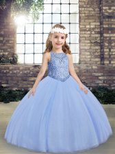 High Quality Light Blue Tulle Lace Up Scoop Sleeveless Floor Length Winning Pageant Gowns Beading
