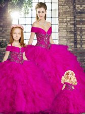  Tulle Off The Shoulder Sleeveless Lace Up Beading and Ruffles 15 Quinceanera Dress in Fuchsia