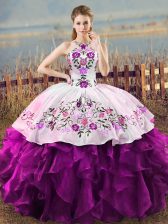 Shining White And Purple Ball Gowns Halter Top Sleeveless Organza Floor Length Lace Up Embroidery and Ruffles Sweet 16 Quinceanera Dress