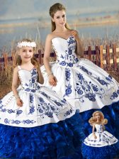  Organza Sweetheart Sleeveless Lace Up Embroidery and Ruffles Sweet 16 Dresses in Blue And White