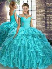 Fine Brush Train Ball Gowns 15th Birthday Dress Aqua Blue Off The Shoulder Organza Sleeveless Lace Up
