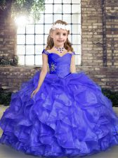 Elegant Floor Length Blue Little Girls Pageant Gowns Straps Sleeveless Lace Up