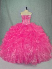 Exceptional Hot Pink Lace Up Strapless Beading and Ruffles 15 Quinceanera Dress Organza Sleeveless
