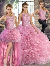 Comfortable Floor Length Three Pieces Sleeveless Rose Pink Vestidos de Quinceanera Lace Up