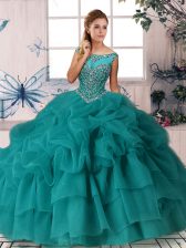  Teal Zipper Scoop Beading and Pick Ups Sweet 16 Quinceanera Dress Organza Sleeveless Brush Train
