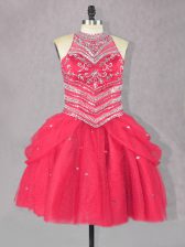 Wonderful Coral Red Lace Up Prom Party Dress Beading Sleeveless Mini Length